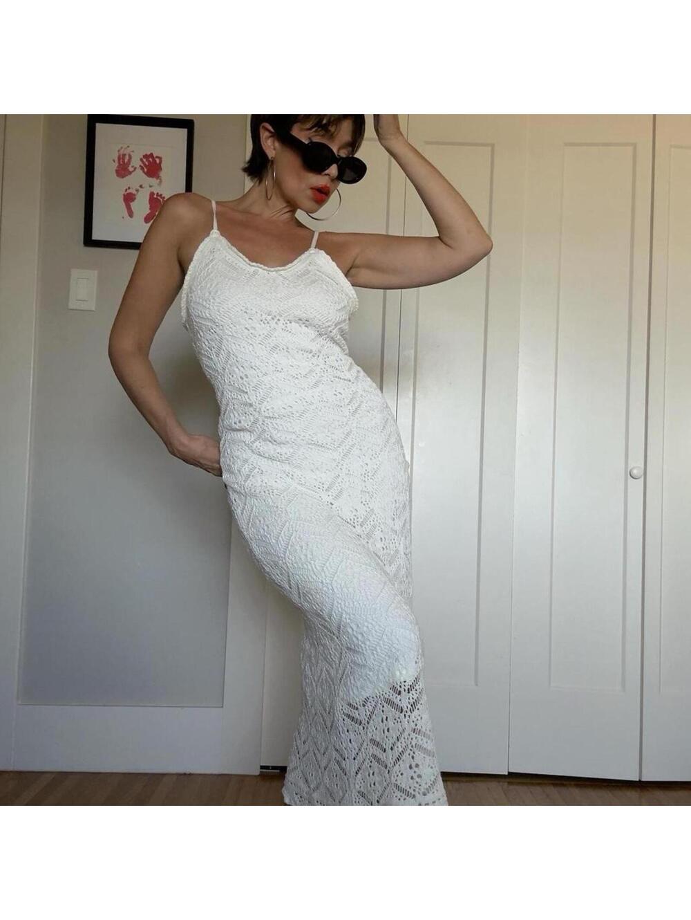 Y2K white crochet maxi dress